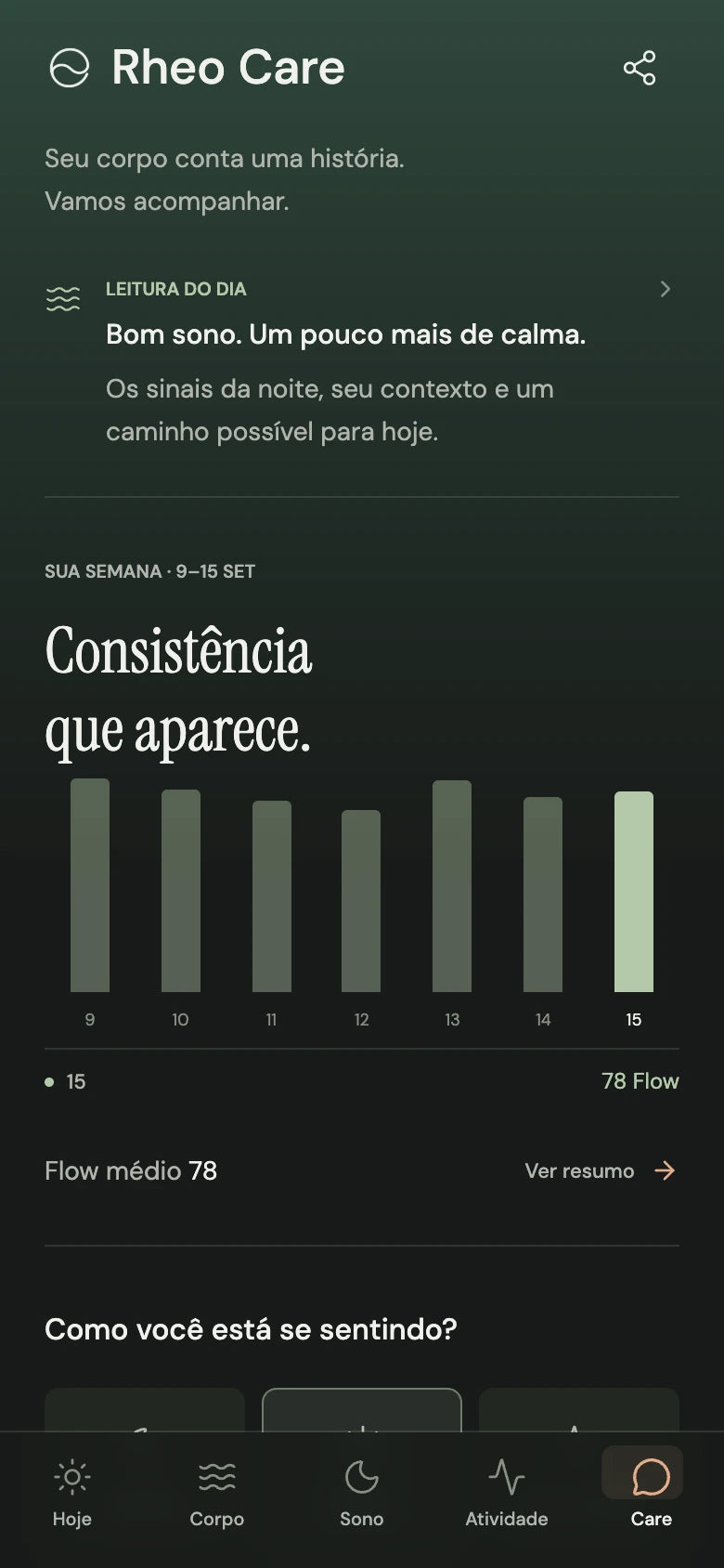 Prévia do Rheo Care, com check-ins e tendências